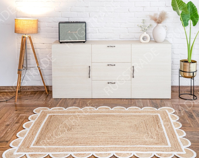 Natural Scallop Rug- White Scalloped Jute Rug, Large Area Jute Rug, Scalloped Rug, Jute runner Rug, Jute Rug Square Boho Jute Rug Custom Rug