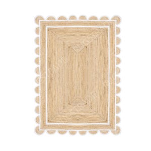 Alfombra de yute natural con borde festoneado - Alfombra de yute blanca con borde festoneado, alfombra de yute grande, alfombra con borde festoneado, alfombra de yute tipo pasillo, alfombra cuadrada de yute estilo bohemio, alfombra personalizada imagen 2