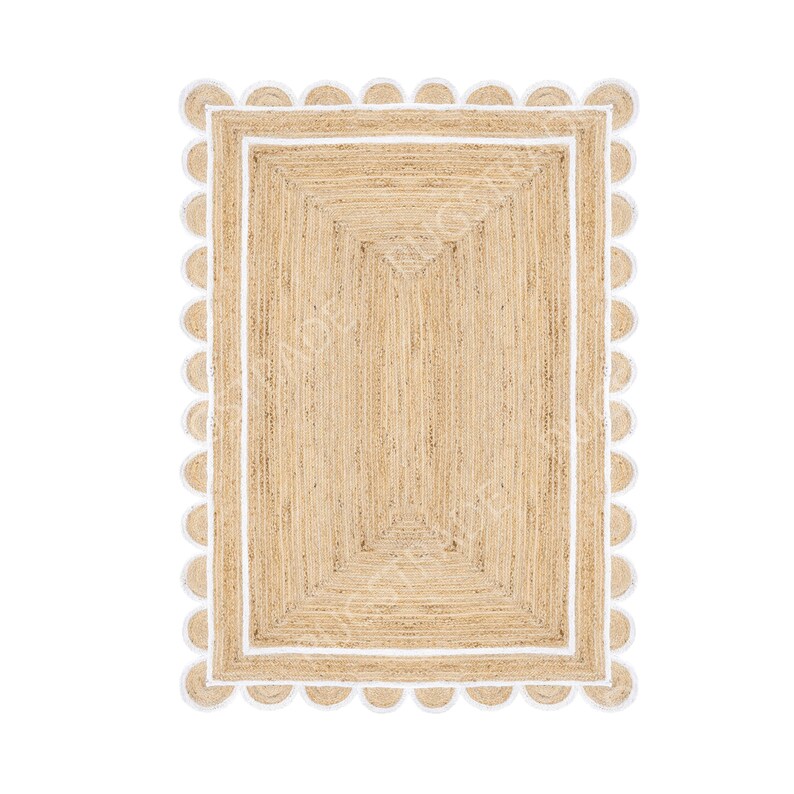 Alfombra de yute natural con borde festoneado - Alfombra de yute blanca con borde festoneado, alfombra de yute grande, alfombra con borde festoneado, alfombra de yute tipo pasillo, alfombra cuadrada de yute estilo bohemio, alfombra personalizada imagen 2
