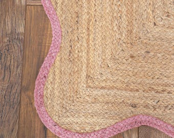 Natural Braided Jute Rug Light Pink, Handmade Woven Scalloped Rug, Organic Boho Area Rug, Farmhouse Living Room Decor