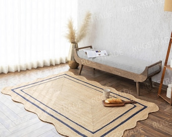 Jute Rug - Navy Wavy Edge Jute Scallop Rug, Bohemian Jute Rug, Natural Jute Area Rug, Scallop Jute Rug, Scalloped Jute Rug, Custom Rug
