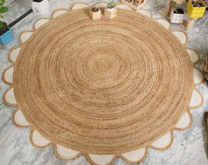Scallop Round Rug - Round Jute Rug, Bohemian Round Rug, Natural Jute Rug, Round Scalloped Rug, Circle Rug, Home Decor Round Rug, Custom Rug