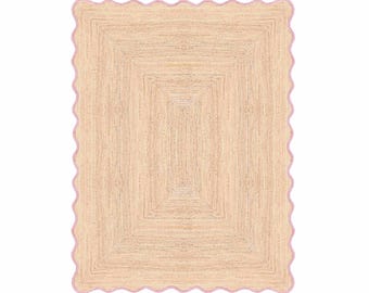 Scalloped Jute Rug Light Pink, Handcrafted Braided Jute Rug, Natural Fiber Floor Rug, Handmade Eco Friendly Rug, Boho Home Decor