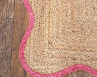 Braided Jute Rug, Handmade Natural Area Rug, Scalloped Boho Rug, Woven Living Room Rug, Farmhouse Coastal Home Decor