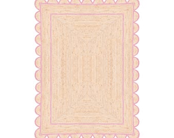 Scalloped Jute Rug, Handmade Braided Jute Area Rug 5x7 8x10 9x12, Natural Jute Rug, Boho Living Room Rug, Farmhouse Home Decor