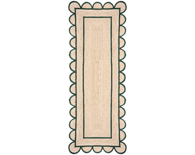Jute Rug - Emerald Green Scalloped Jute Rug, Door Mat, Handcrafted Rugs ,Nursery Rug, Rugs Gift, Christmas Door Mat  ,Yoga Mat ,Custom Rug