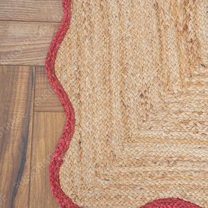 Alfombra de yute - Rojo rústico, alfombra de pasillo con borde festoneado, alfombra de cocina trenzada hecha a mano, alfombra bohemia natural imagen 4