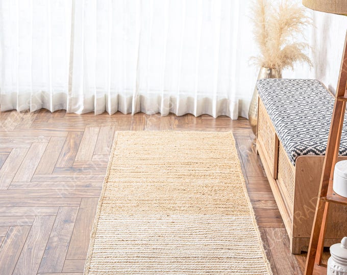 Handmade Jute Runner Rug-  Runner Rug, Jute Rug, Bohemian Rug, White & Natural Runner Rug, Beige Color Jute Rug, Rectangular Rug, Custom Rug