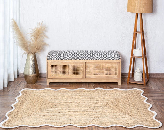 Jute Rug - White Edge Scalloped Jute Rug, Rugs Gift, Runner Rug, Door Mat, Handcrafted Rug, Stair Runner, Yoga Mat, ,Nursery Rug ,Custom Rug
