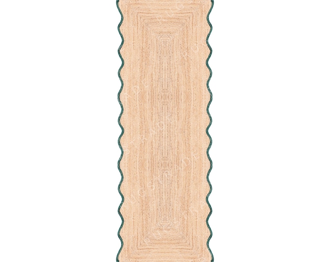 Emerald Green Scalloped Jute Rug- Scallop Jute Rug, Jute Rug, Boho Jute Rug, Scalloped Rug, Natural Jute Area Rug, Jute Decor Rug Custom Rug
