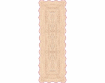 Scalloped Jute Runner Rug Light Pink, Handmade Braided Hallway Runner, Kitchen Entryway Rug 2x6, Natural Jute Floor Runner
