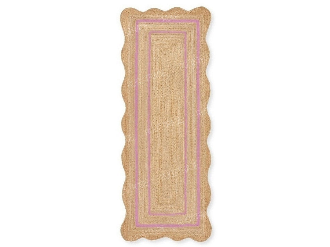 Jute Runner Rug Light Pink Wavy Edge Jute Scallop Runner Rug, Bohemian