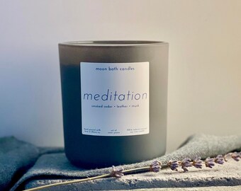 Smoked Cedar and Leather | Meditation Unwind and Ground Luxury Coconut Soy Wax Wooden Wick Candle | Moon Bath Candles