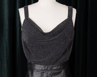 80s/90s Super Sparkly Silver and Black Stretchy Tank with Drape Neck