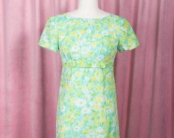 Vintage 50s/60s Pastel Tiny Floral Print Empire Waist Maxi Dress with Bow Detail (XS/S)