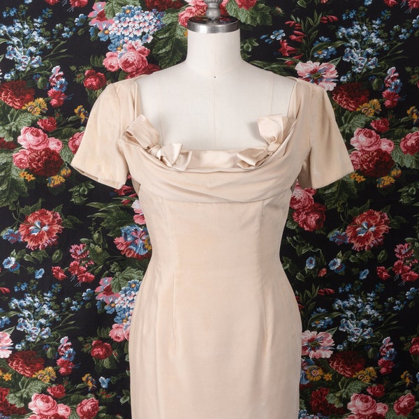 Exquisite 1950s RARE Light Beige Velvet Cocktail Dress with Drape Neckline over Satin Shelf Bust with Bows