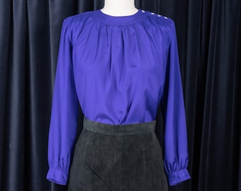 Vintage 1980s Liz Claiborne Petites Violet-Purple Blouse with Gathered Neck and Shoulder Button Details