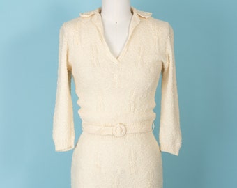 Rare 1970s Ivory Hand Loomed Crochet Belted Sheath/Shift Sweater Dress (S)