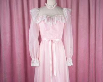 Vintage 70s Sheer Pastel Pink Swiss Dot Floor Length Dress with Sweetheart Bodice and Lace Yoke and Ruffle Trim