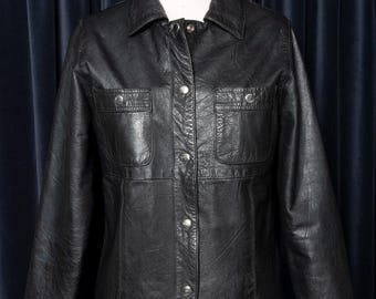 1970s Black Leather Shacket/Jacket with Silver Snaps by MM Leather Goods