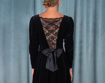 Laura Ashley Luxurious Cotton Black Velvet Dress with Ribbon-Laced Lace Back and Bow