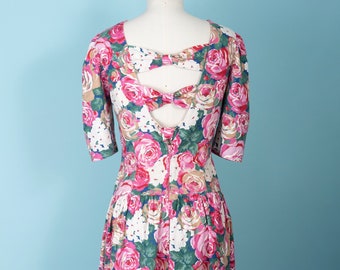 80s Floral Print Cotton Dress with Triple Bow Open Back (M-L)