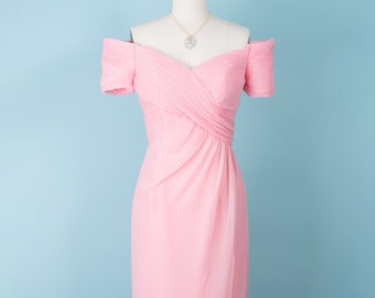 Dreamy 1960s Peony Pink Off-the-Shoulder Ruched Bodice Draped Chiffon Column Dress