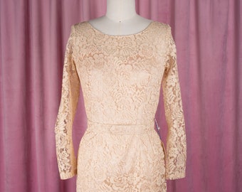 Vintage 1960s M Silverman Ivory Beige Belted Lace Dress with Original Tags