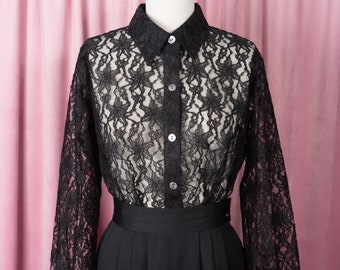 Amazing 80s Victor Costa Black Lace Button Down Shirt with Balloon Sleeves
