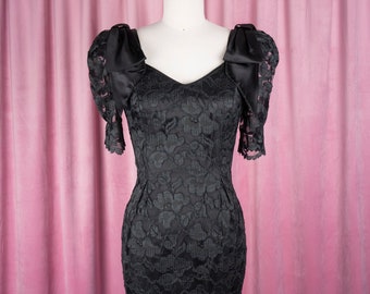 Vintage 80s Midnight Glo Black Lace Dress with Sweetheart Neckline and Satin Statement Bows on Shoulders