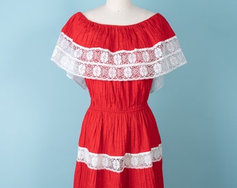 Gorgeous 70s/80s True Red Cotton Pintuck Mexican Dress with Lace Panels and Trim and On or Off Shoulder Ruffle Top