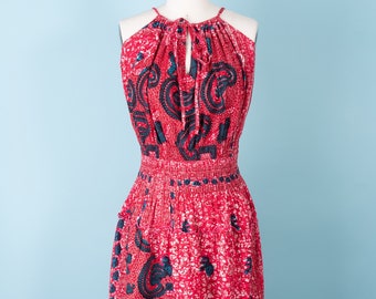 Vintage 70s Hot Pink-Red Indian Cotton Batik Tie Neck Keyhole Sundress with Gathered Waist