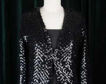 Vintage 80s Woven Black Sequin Lined Cardigan Jacket