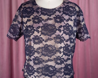 Vintage 50s/60s Handmade Boxy Fit Navy Blue Lace Top