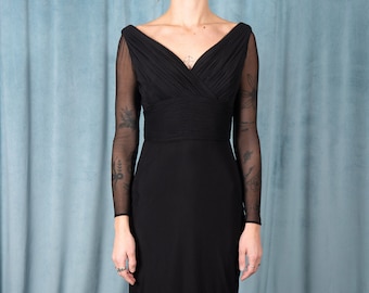 VICKY TIEL COUTURE Fine Black Jersey Mesh, Sheer-Sleeved, Ruched Cocktail Dress with Secondary Bergdorf Goodman Label