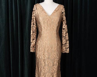 RARE robe sirène en dentelle dorée métallisée et soie longueur sol par Kalima Original NYC des années 1980