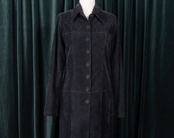 90s Ankle-Length Ultra-Suede Black Trench with Covered Buttons by Lucent