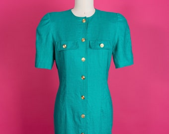 Vintage 80s Liz Claiborne Linen Sheath Dress with Sculpted Shoulders and Gold-Tone Buttons