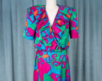 Stunning 1980s Flora Kung 100% Silk Colorful Bold Abstract Print Ruffle Neck Dress with Extra Large Puff Sleeves