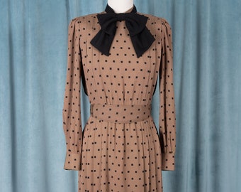 Vintage 1960s Union Made Mocha Brown Dress with Black Square Polka Dots, Oversized Bow Collar, and Square Buttons