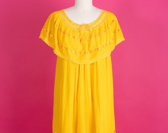 Vintage 70s Mexican Yellow Cotton Gauze Dress with Crochet and Satin Ribbon Trim