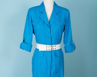 Vintage Ms. Chaus Turquoise Brushed Cotton Snap-Front Utility Belted Dress with Beautiful Details