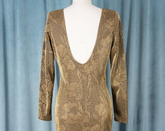 80s Frederick's of Hollywood Solid Gold Sheer Shimmery Sheath Dress with Sexy Low back