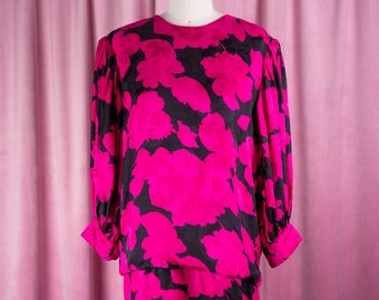 WOW 1980s Flora Kung Bold Hot Pink and Black Floral Print 100% Silk Dress with Huge Balloon Sleeves and Drop Waist