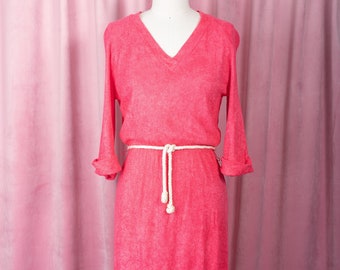 Vintage 1970s Watermelon Pink Terrycloth V-Neck Dress with Elastic Waist and Rope Belt