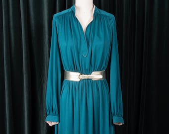 1970s Teal Green Dress with Standing Contrast Collar / Open Neck by David Warren
