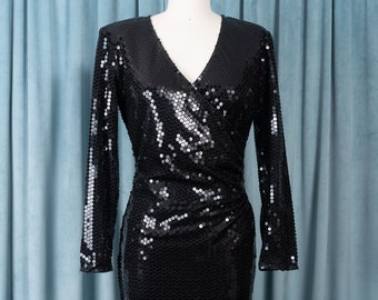 Sparkly 80s Black Stretch Sequin Ruched Sheath Dress by Midnight Glo