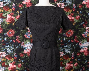 1960s Floral Print Jacquard Black Square Neck Day Dress by The Jones Girl