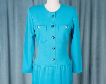 Classic Vintage 1980s David Warren New York Turquoise Wool Blend Dress with Abalone Buttons