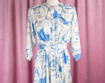 Vintage 80s Nordstrom 100% Silk Ivory and Light Blue Floral Print Dress with Cascading Front and Two Belt Options